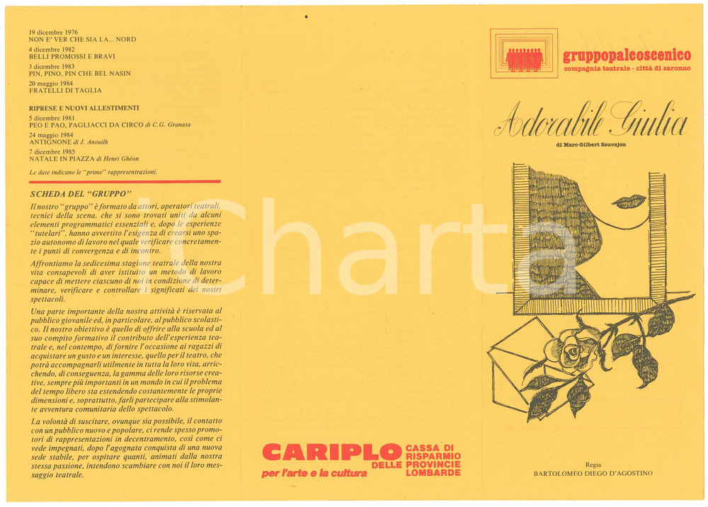 Materiale pubblicitario d’epoca 1985 SARONNO  TEATRO Gruppo Palcoscenico  Spettacolo ADORABILE GIULIA Brochure 1