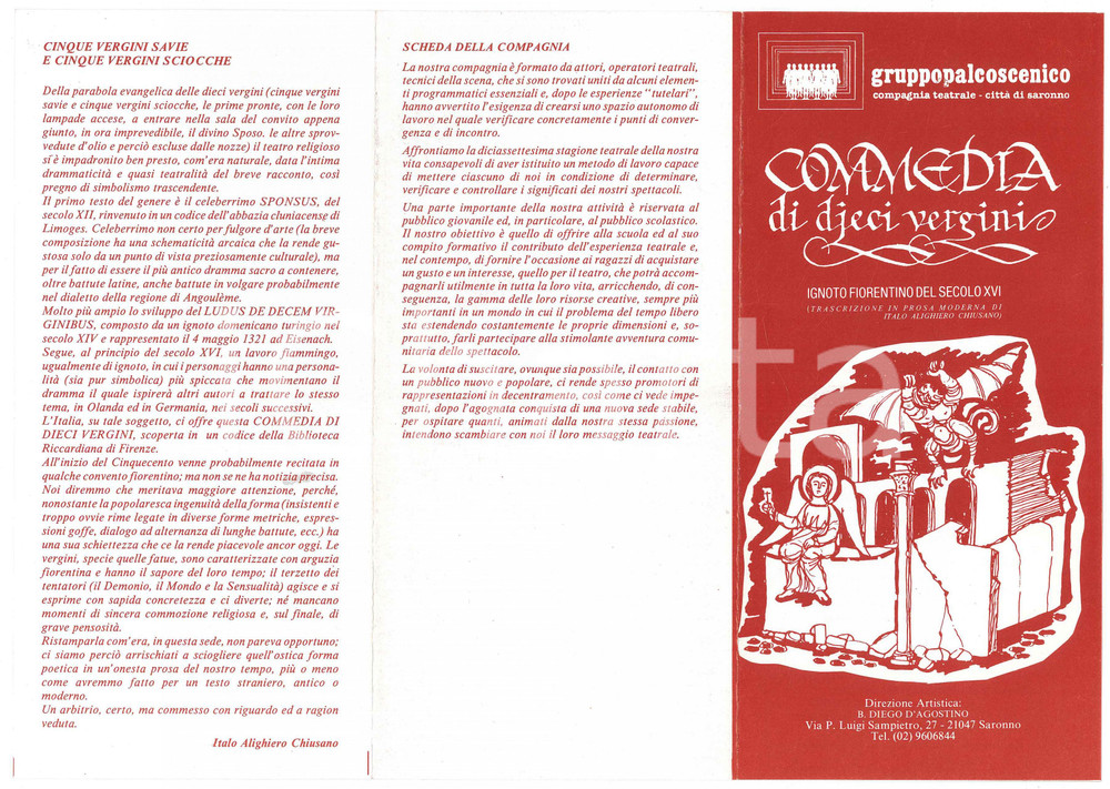 Materiale pubblicitario d’epoca 1985 SARONNO TEATRO  GRUPPO PALCOSCENICO Commedia di dieci vergini  Pieghevole 1