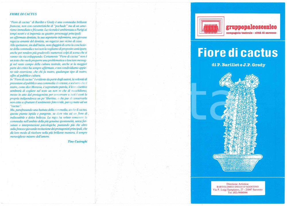Materiale pubblicitario d’epoca 1988 SARONNO TEATRO  GRUPPO PALCOSCENICO Fiore di Cactus  Pieghevole 1