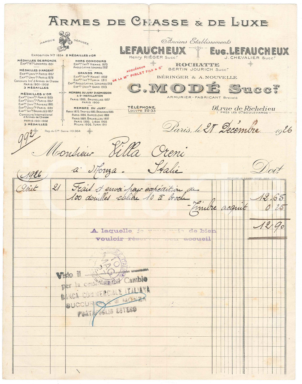 Documento originale, autentico 1926 PARIS Rue de Richelieu  C. MODE  Armes de chasse et de luxe 1