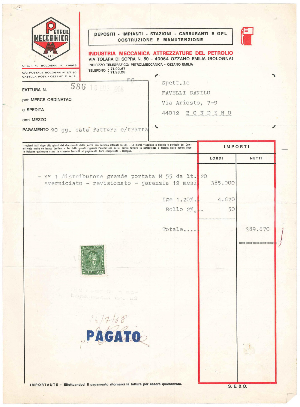 Documento originale, autentico 1968 OZZANO DELL EMILIA Ditta PETROLMECCANICA  Fattura distributore 1