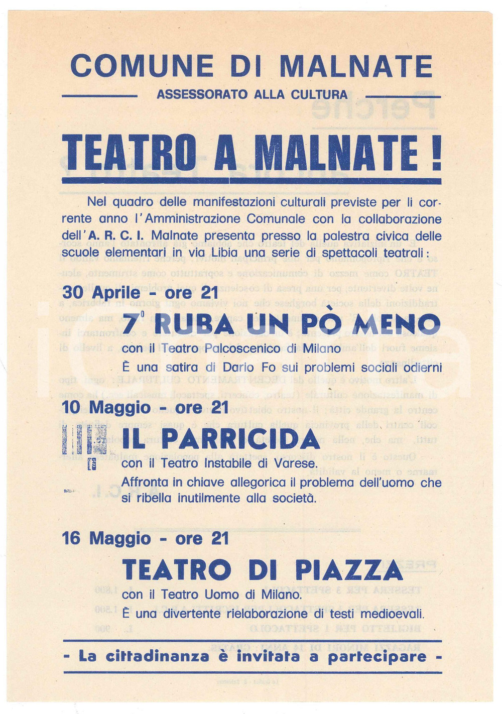 Materiale pubblicitario d’epoca 1975 TEATRO MALNATE  Palestra scuole via Libia  Locandina spettacoli 1