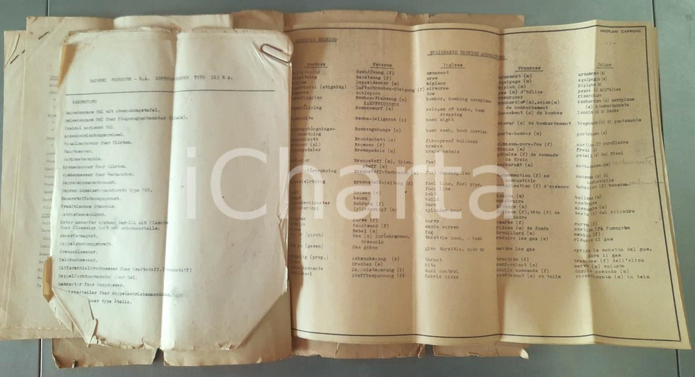 Documento originale, autentico 1940 ca MILANO S.A. Aeroplani CAPRONI Modello 313 Dizionario tecnico aeronautico 1