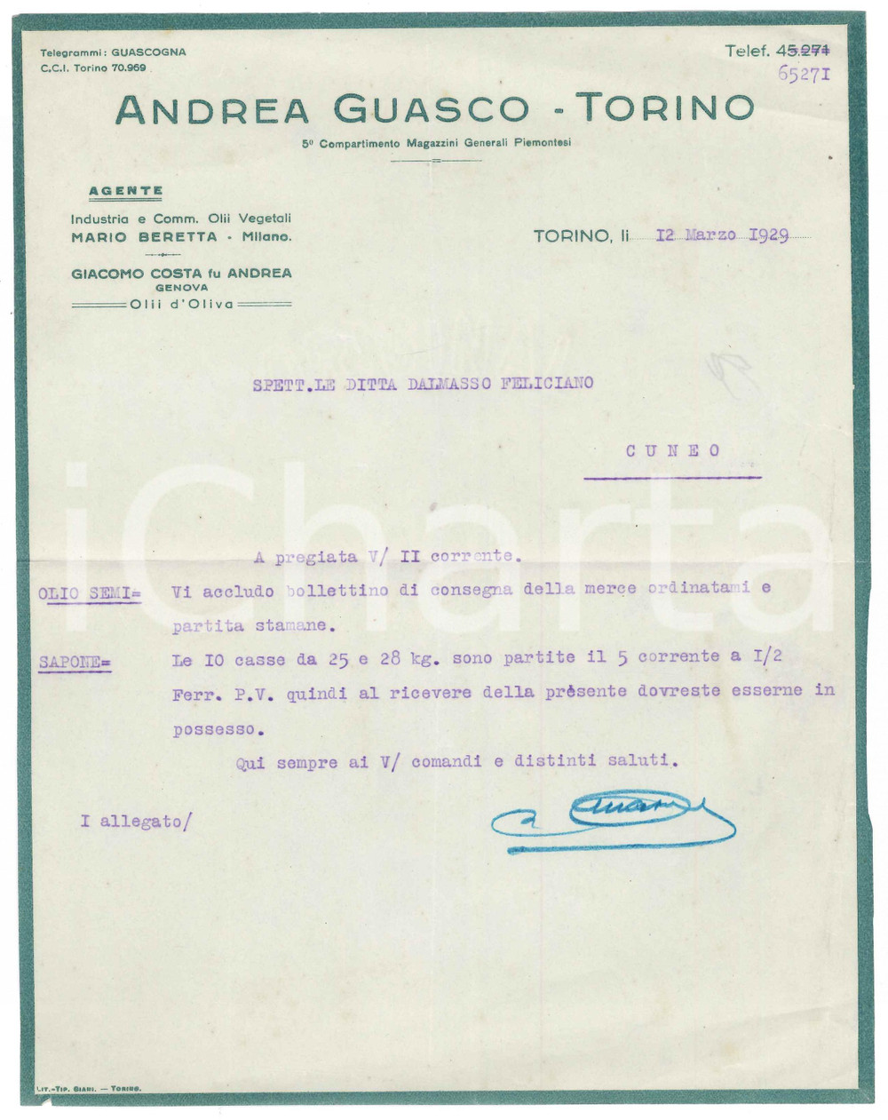 Documento originale, autentico 1929 TORINO Ditta Andrea GUASCO  Lettera su consegna olio e casse di sapone 1