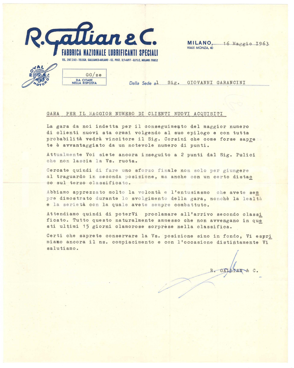 Documento originale, autentico 1963 MILANO viale Monza  R. GALLIAN Lubrificanti Lettera per nuovi clienti 1