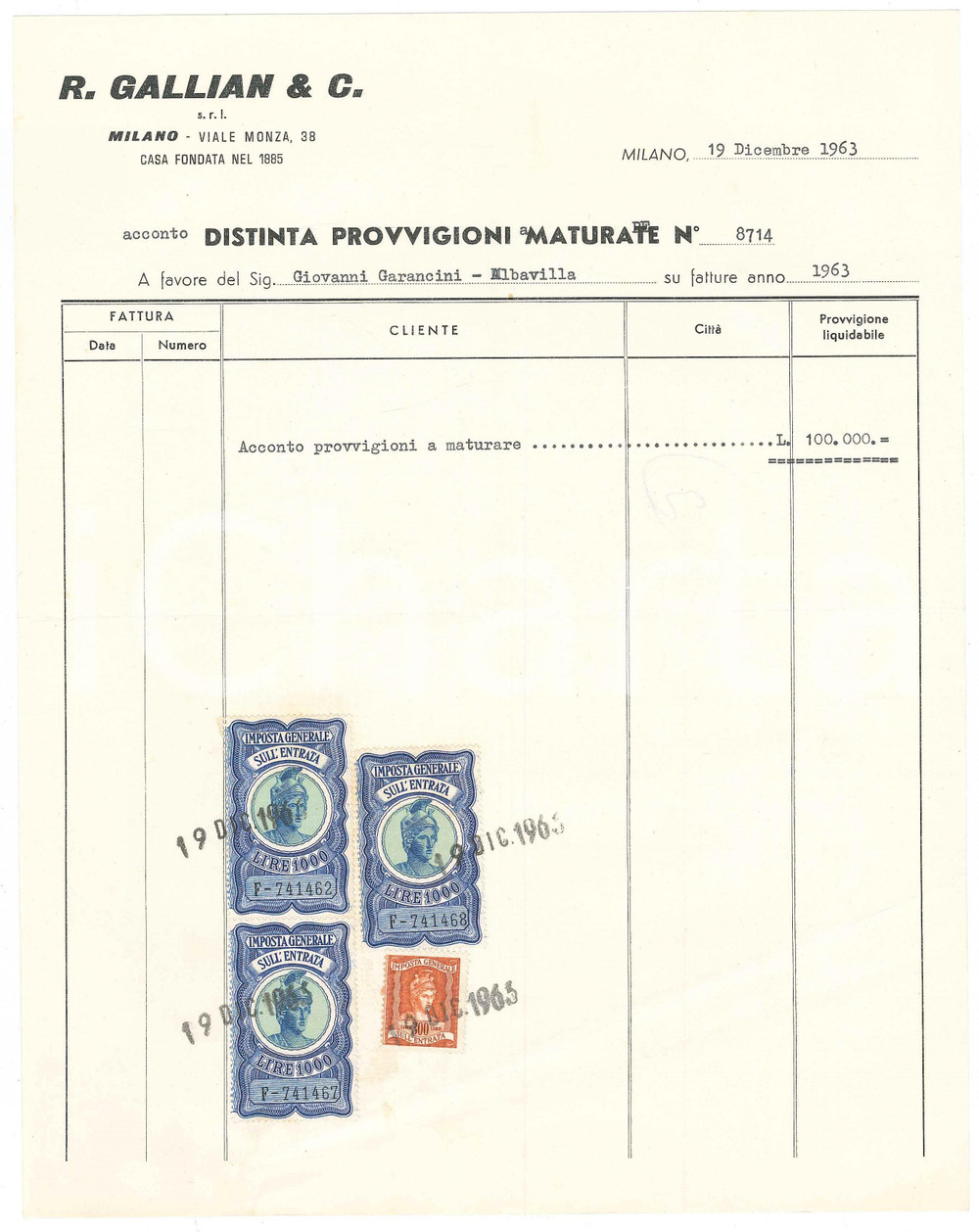 Documento originale, autentico 1963 MILANO viale Monza  R. GALLIAN Lubrificanti  Acconto per provvigioni 1