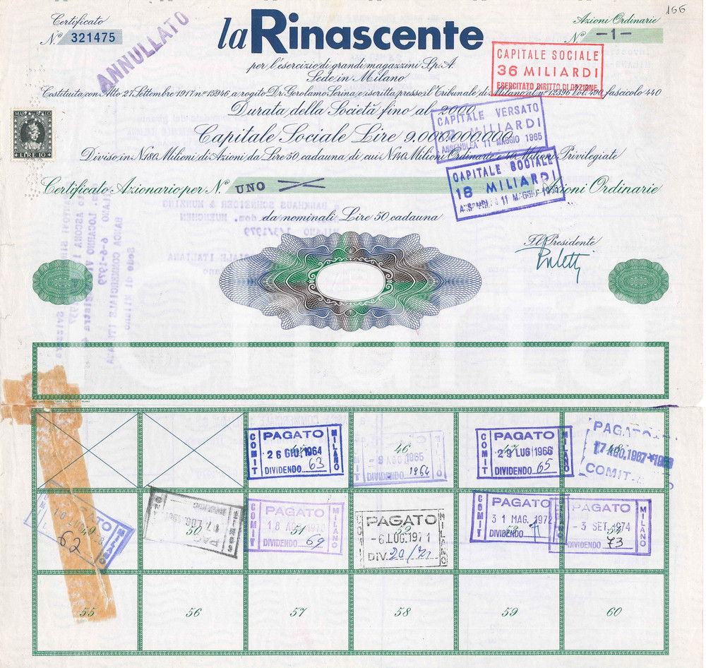 Oggetto da collezione cartaceo 1965 MILANO  LA RINASCENTE  Certificato azionario  1 azione 1