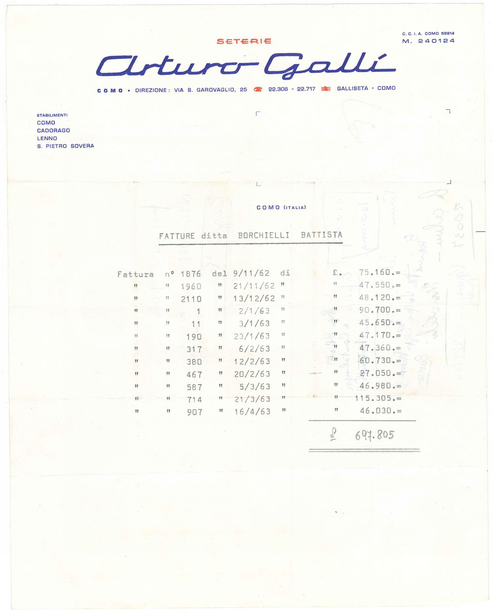 Documento originale, autentico 1963 COMO Seterie Arturo GALLI  Documento lista fatture 1