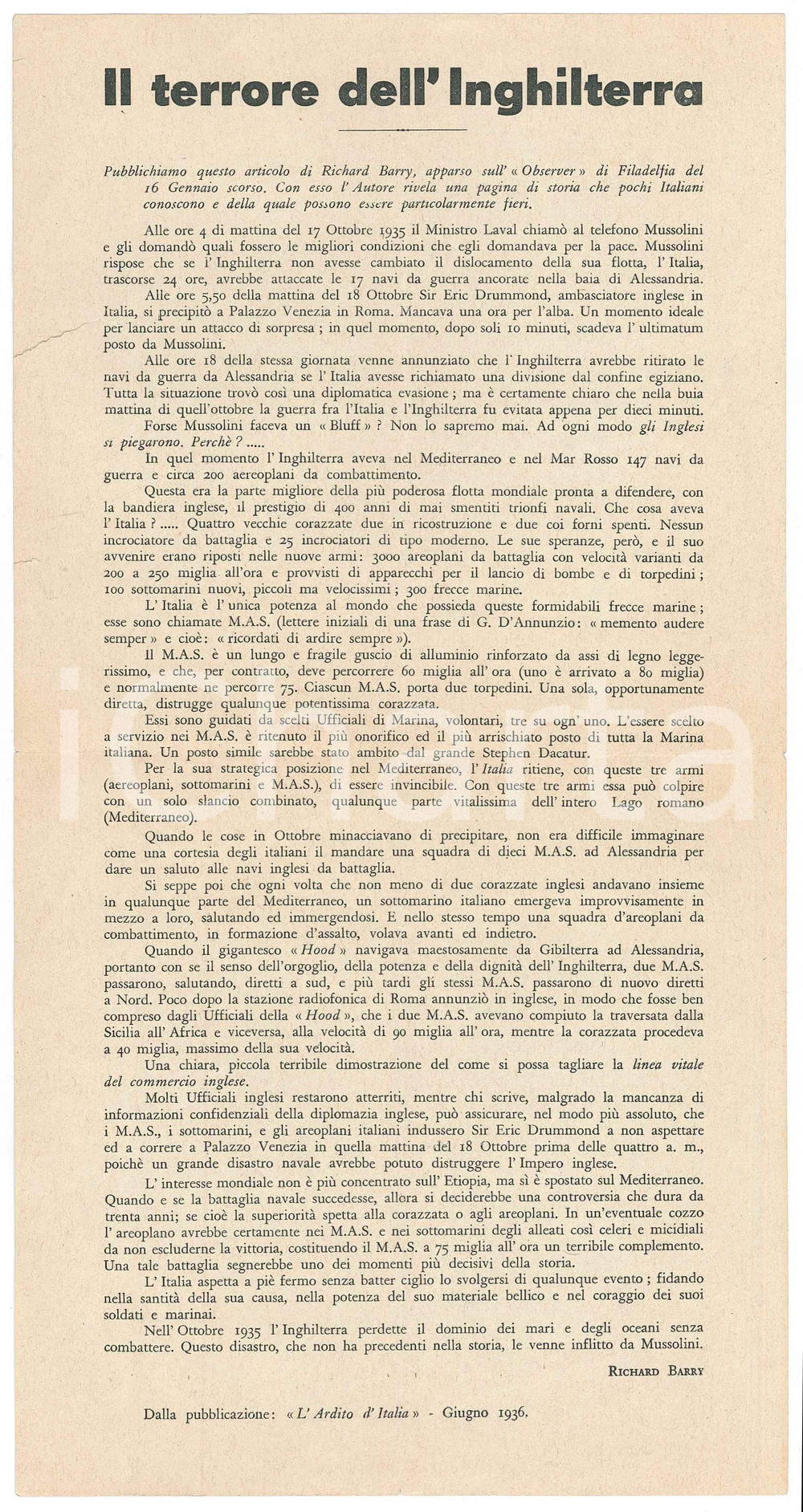 1936 Richard BARRY Il terrore dell'Inghilterra - Volantino PROPAGANDA FASCISMO