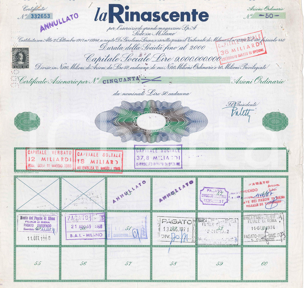 Oggetto da collezione cartaceo 1965 MILANO  LA RINASCENTE  Certificato azionario  50 azioni 1