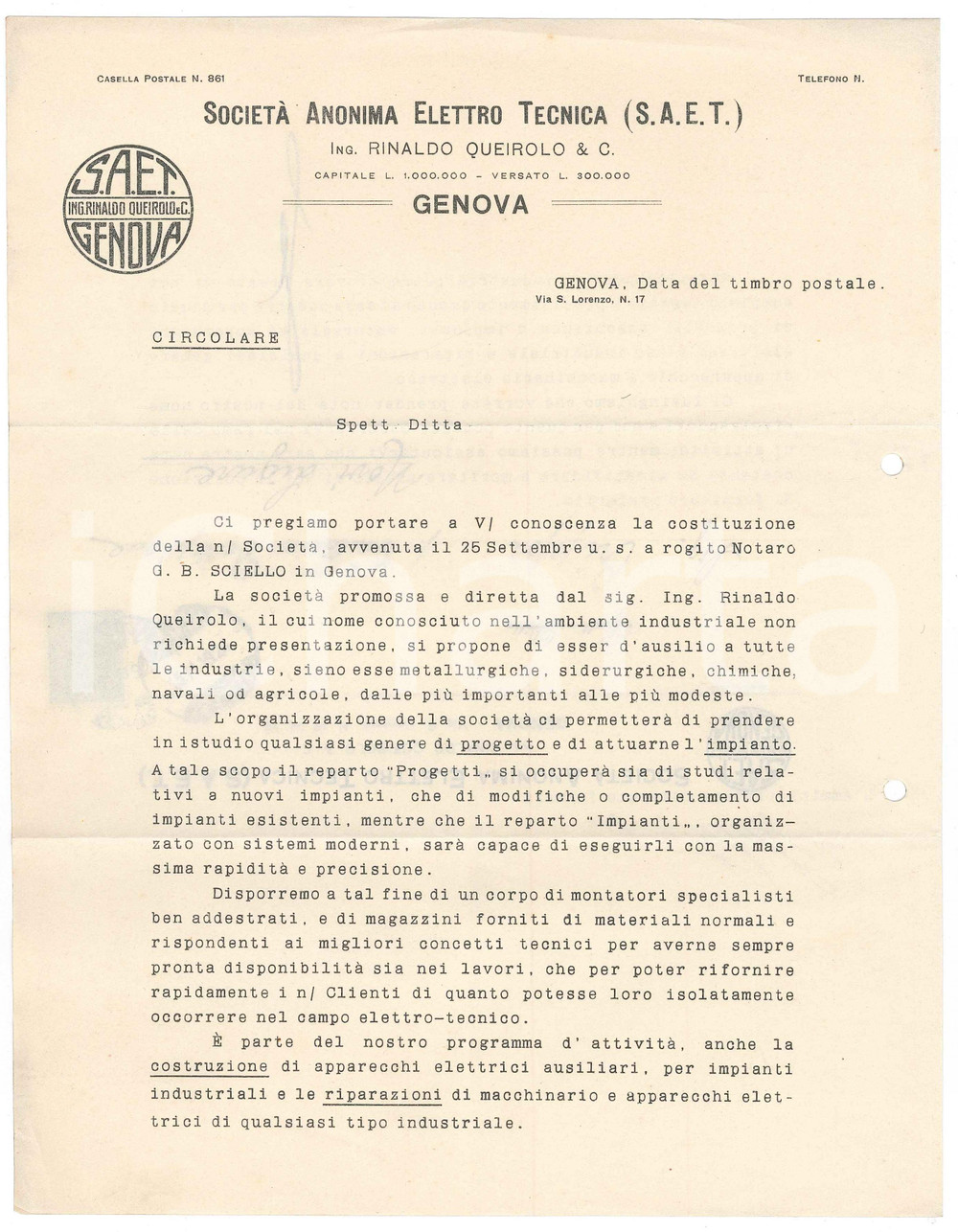 Manoscritto, lettera originale 1924 GENOVA SocietÃ  Anonima Elettro Tecnica S.A.E.T.  Costituzione societÃ 1