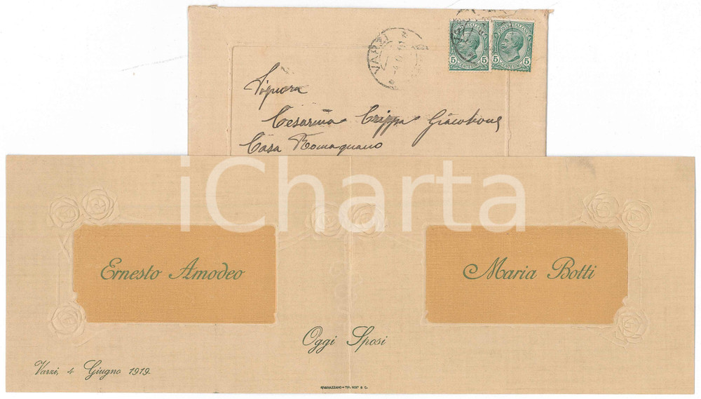 Oggetto da collezione cartaceo 1919 VARZI Nozze Ernesto AMODEO  Maria BOTTI  Partecipazione 1