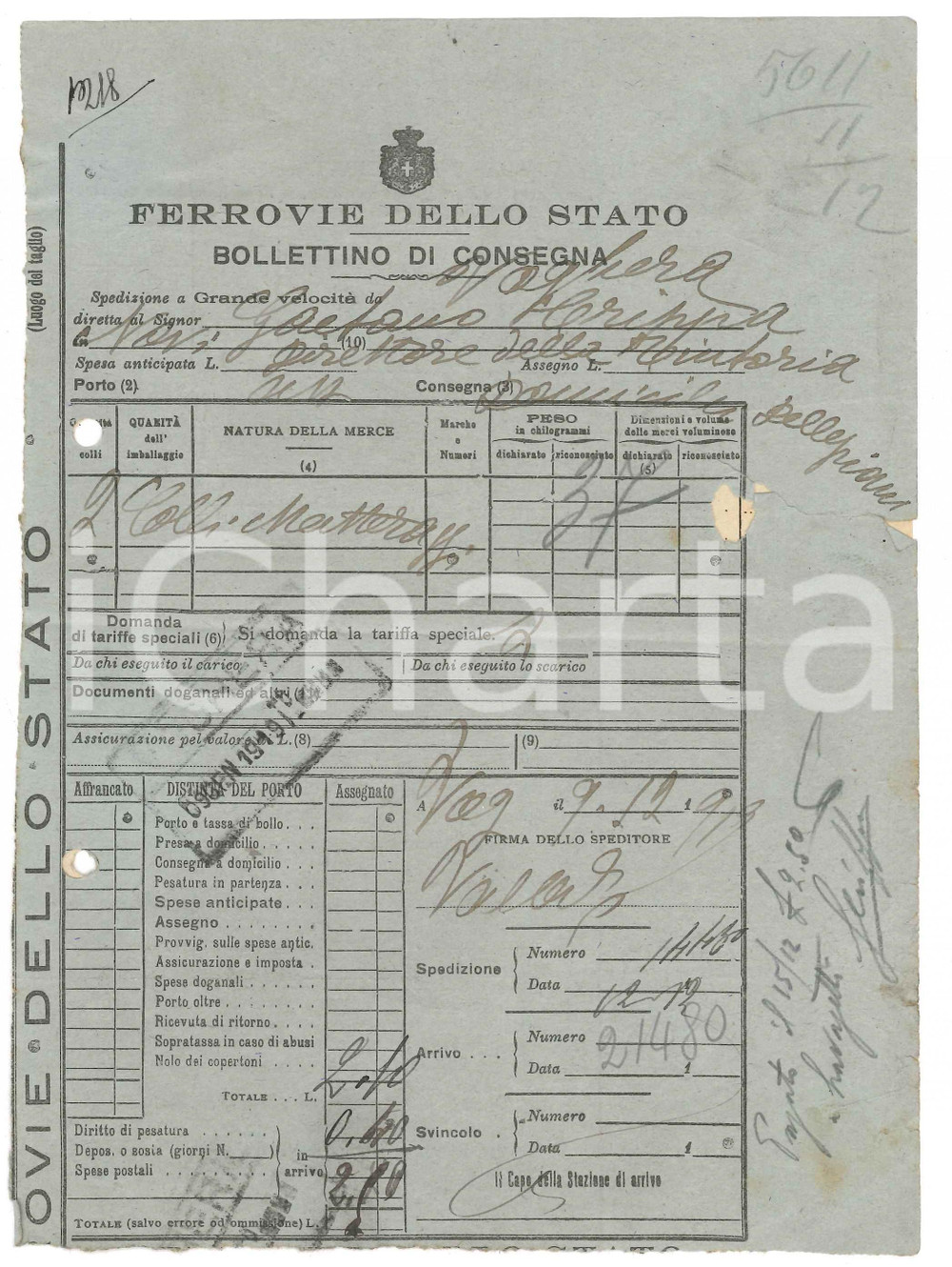 Documento originale, autentico 1919 FERROVIE DELLO STATO Bollettino di consegna materassi 1