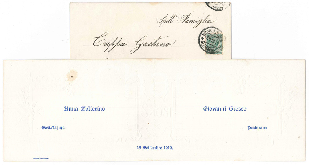 1919 NOVI LIGURE Nozze Giovanni GROSSO - Anna ZOLFERINO - Partecipazione Partecipazione di nozze originale d'epoca, con busta viaggiata. FAIR/discreto macchie; fori da classificatore alla busta Formato: 34x12 cm originale e autentica 1