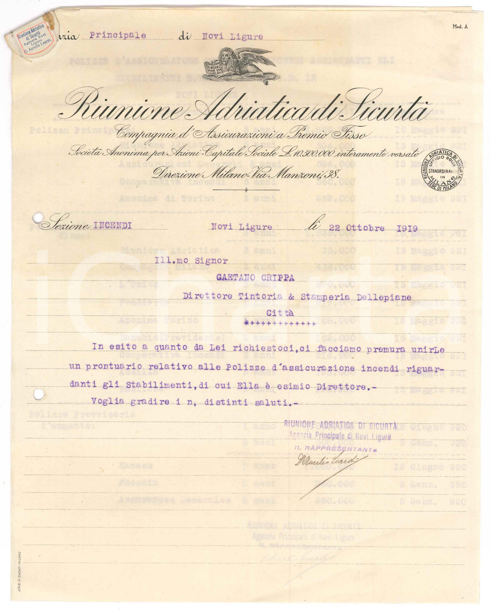 Documento originale, autentico 1919 NOVI LIGURE Riunione Adriatica Sicurtà  Prontuario polizze assicurazione 1