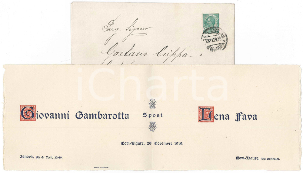Oggetto da collezione cartaceo 1919 NOVI LIGURE Nozze Giovanni GAMBAROTTA  Lena FAVA  Partecipazione 1