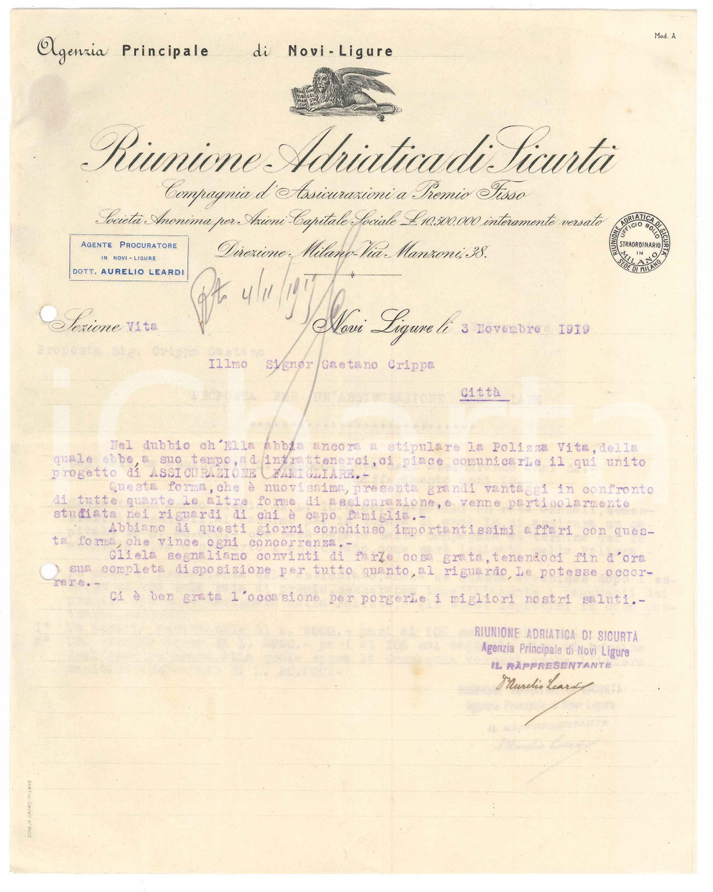 Documento originale, autentico 1919 NOVI LIGURE Riunione Adriatica Sicurtà  Lettera assicurazione familiare 1