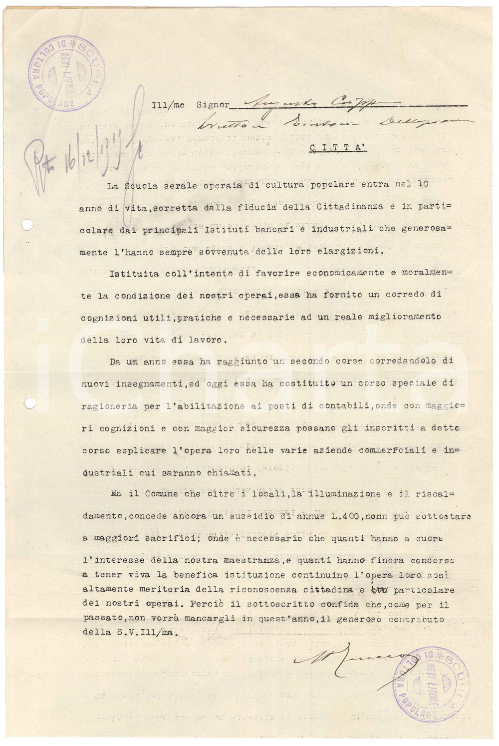 Documento originale, autentico 1919 NOVI LIGURE Scuola di Coltura Popolare  Lettera scuola serale operaia 1