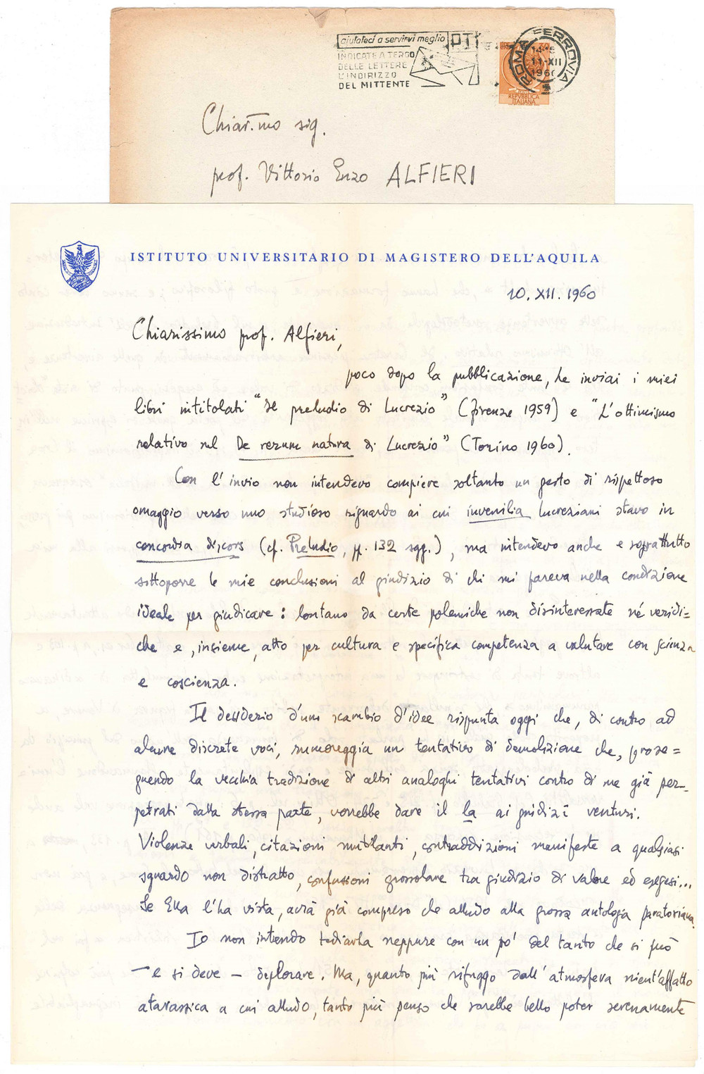 Autografo originale 1960 L AQUILA Lettera Francesco GIANCOTTI a Vittorio Enzo ALFIERI Autografo 1