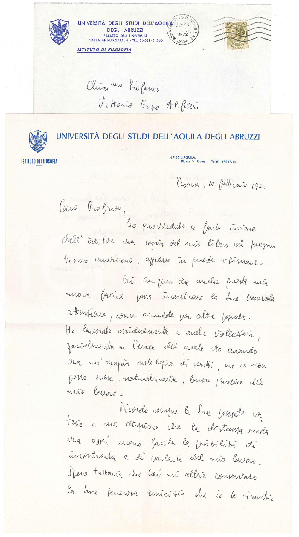 Autografo originale 1972 ROMA Lettera Carlo SINI per invio di un nuovo libro Autografo 1