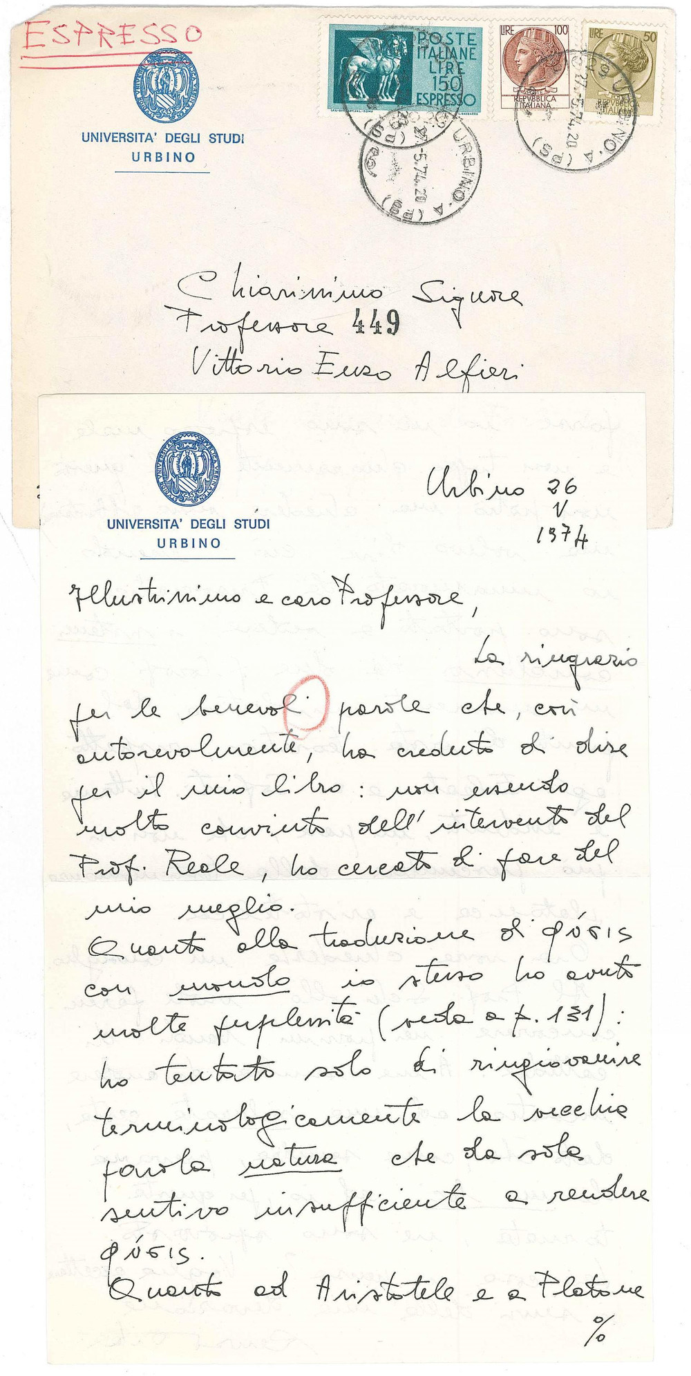 Autografo originale 1974 URBINO Lettera Renzo VITALI per recensione positiva a un libro Autografo 1