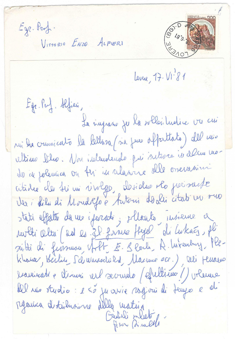 Autografo originale 1981 LOVERE BG Lettera Giacomo RINALDI a Vittorio Enzo ALFIERI Autografo 1