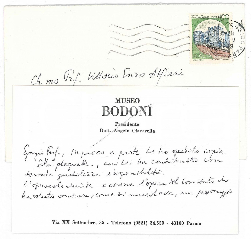 Autografo originale 1983 PARMA Museo BODONI  Presidente Angelo CIAVARELLA  Biglietto AUTOGRAFO 1