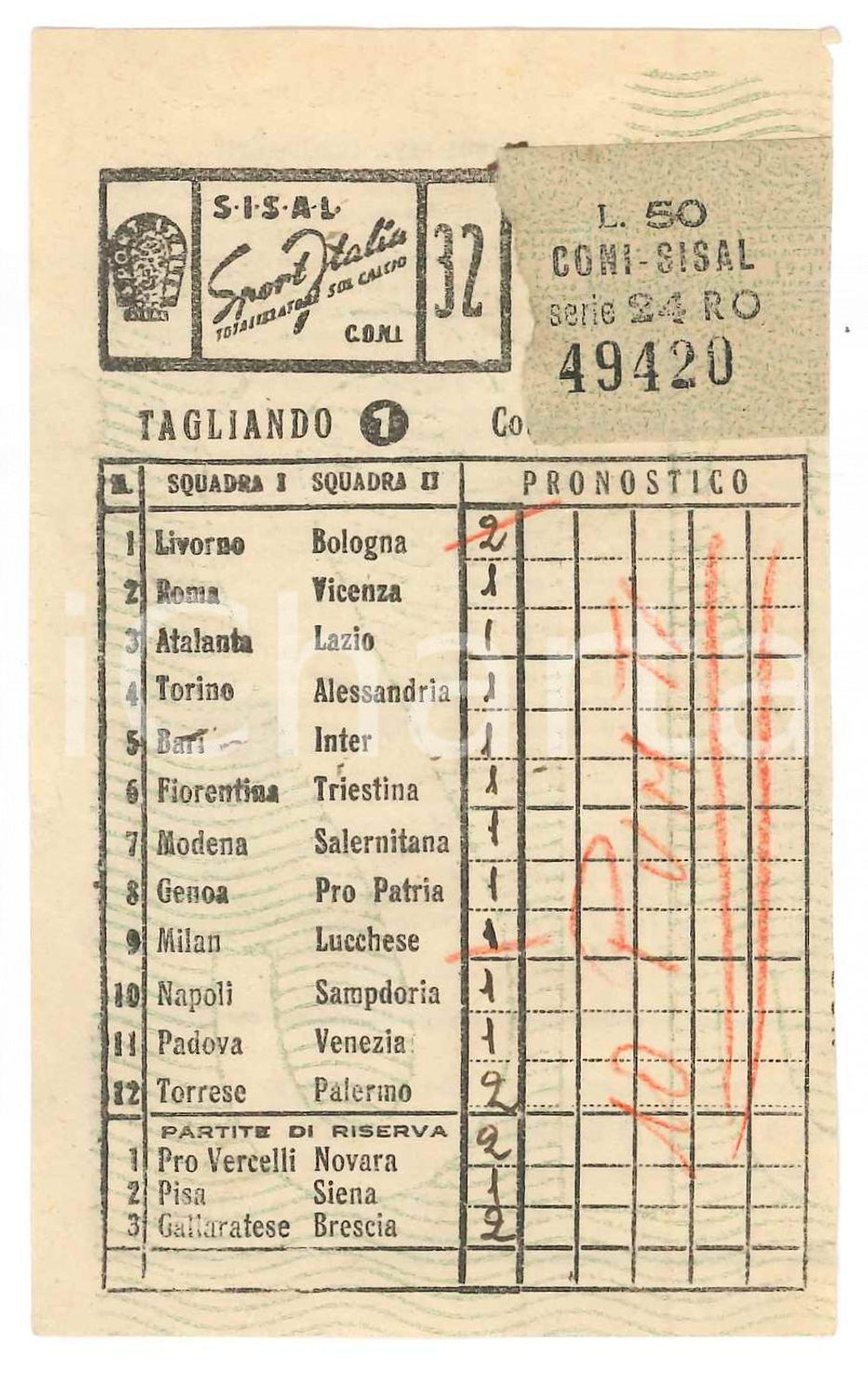 Materiale pubblicitario d’epoca 1948 CONI Schedina giocata TOTOCALCIO Concorso 32 figlia unitaria SISAL 1