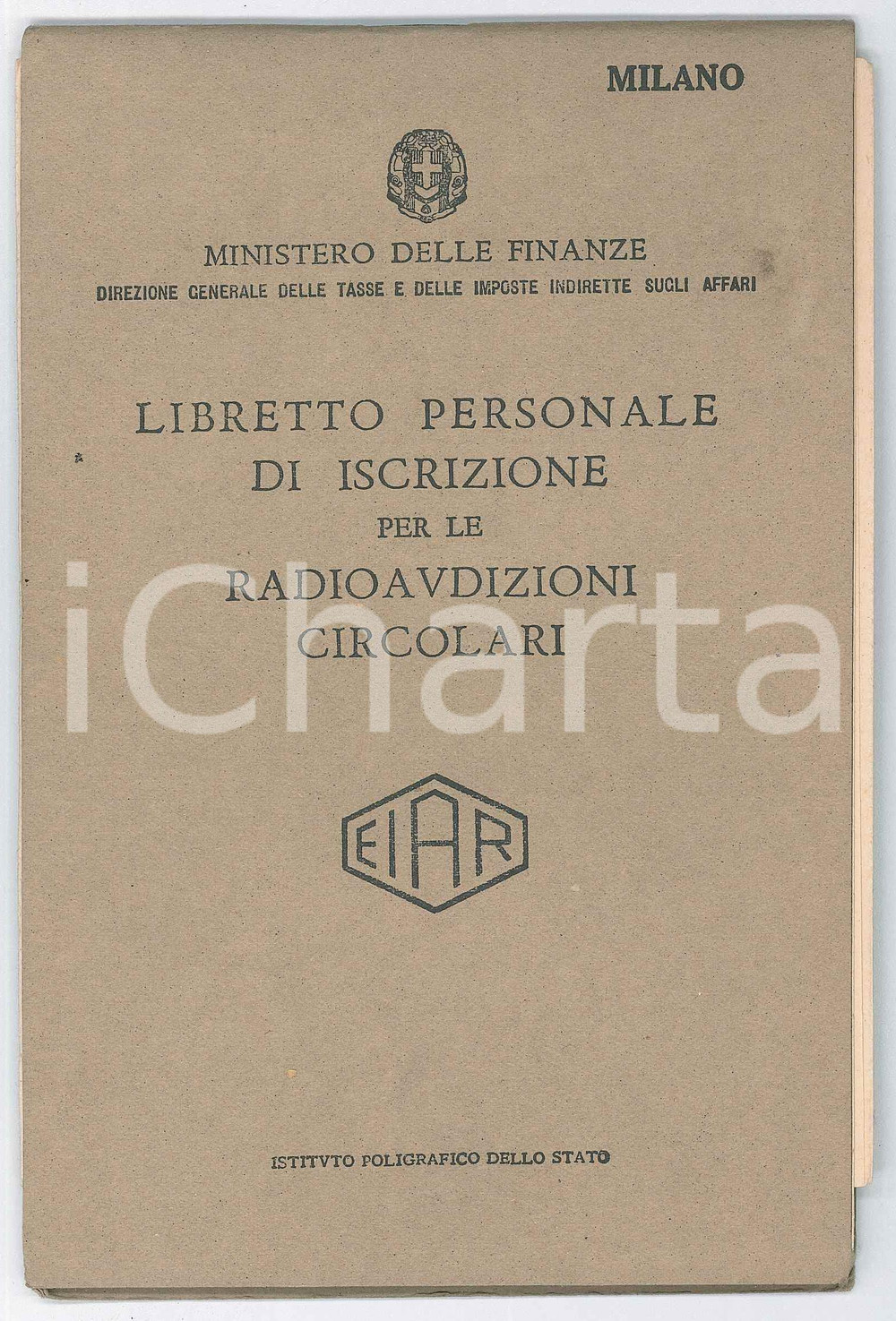 Documento originale, autentico 1938 MILANO EIAR Radioaudizioni circolari  Vittorio TORRIANI Libretto personale 1