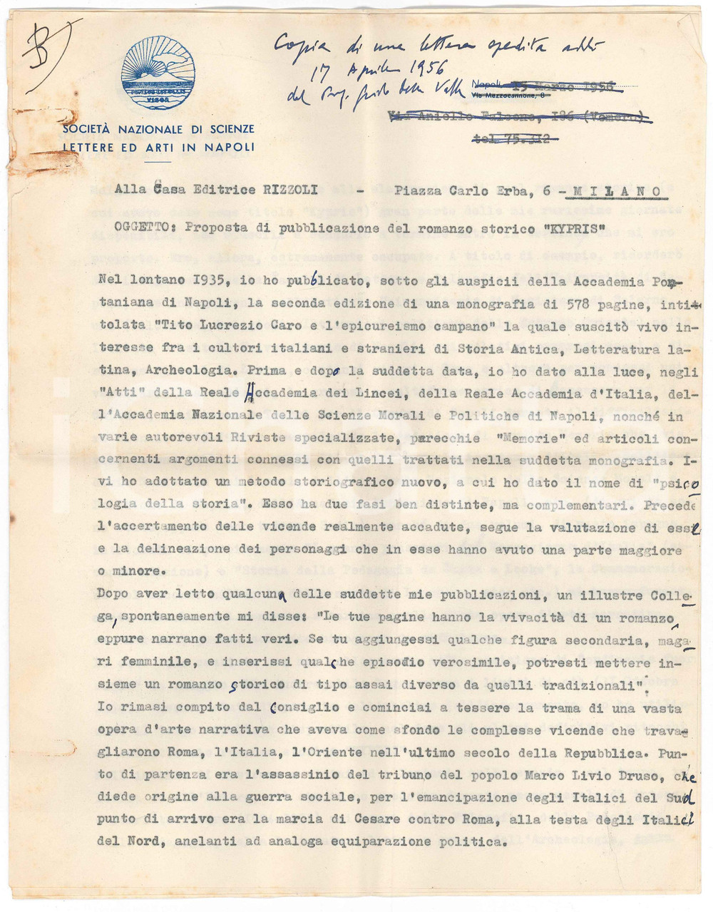 1956 NAPOLI Lettera Guido DELLA VALLE per pubblicazione romanzo "Kypris"
