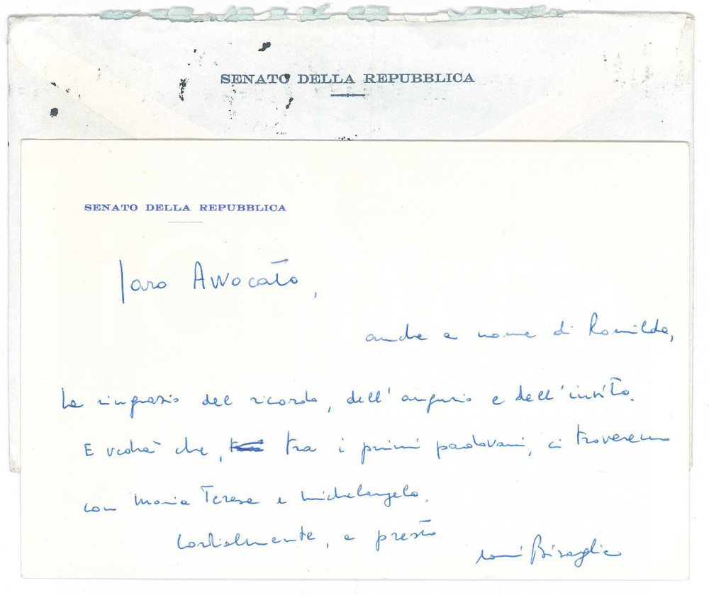 Autografo originale 1983 ROMA DC Biglietto senatore Antonio BISAGLIA per ringraziamento  AUTOGRAFO 1