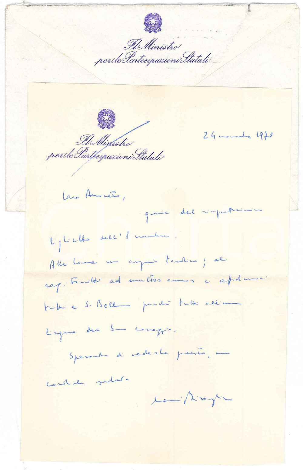 Autografo originale 1978 ROMA Lettera Antonio BISAGLIA Ministro Partecipazioni Statali  AUTOGRAFO 1