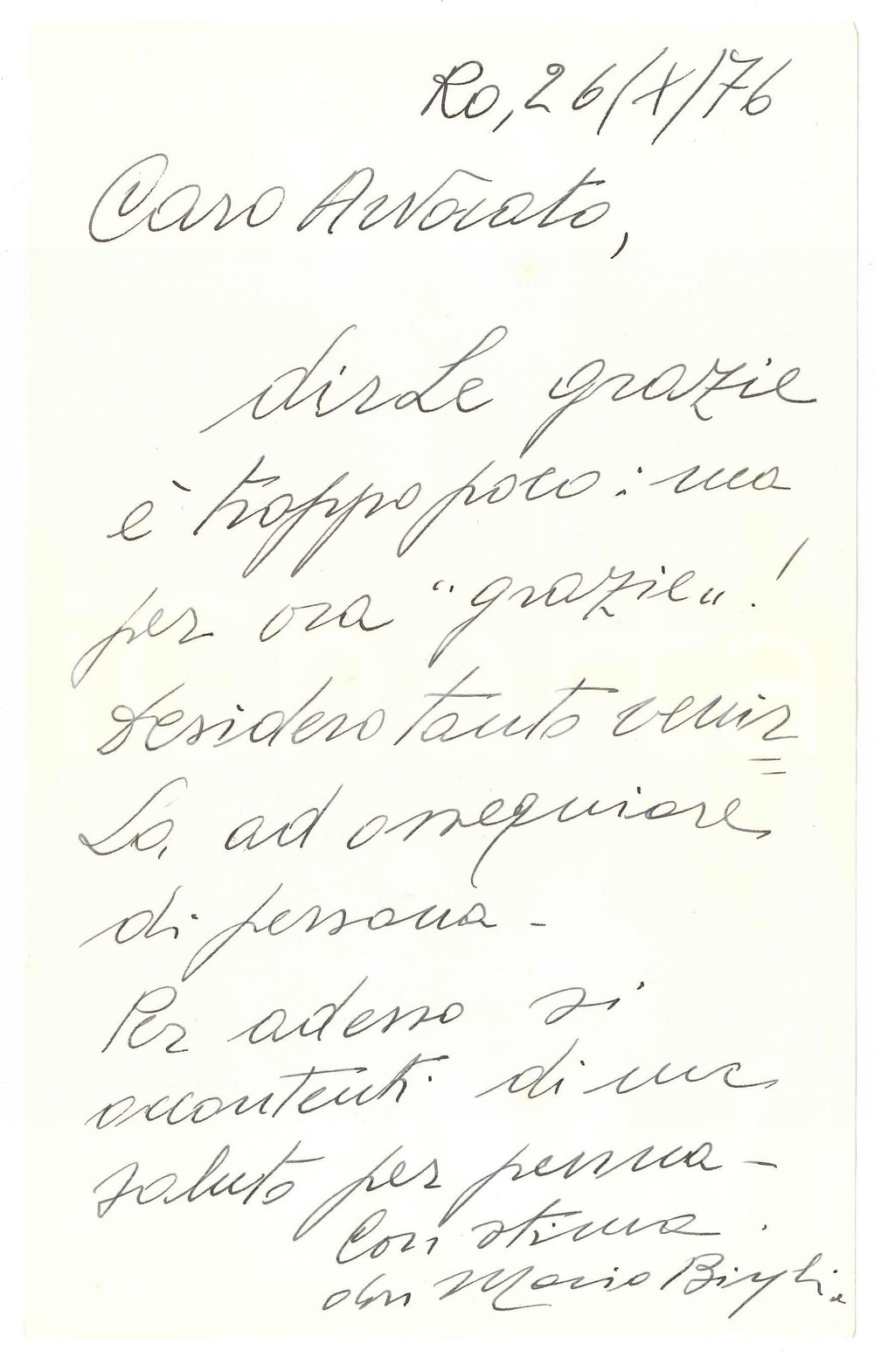 Autografo originale 1976 ROVIGO Don Mario BISAGLIA  Lettera di ringraziamento Autografo 1