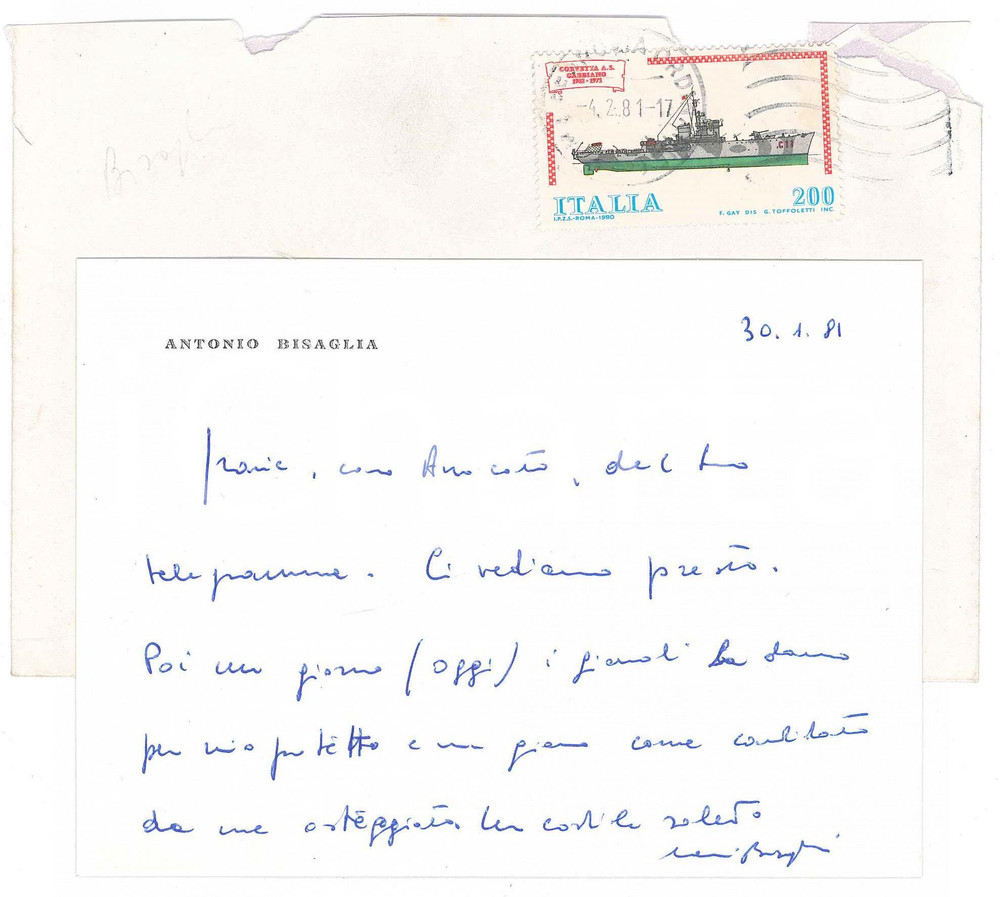 Autografo originale 1981 ROMA DC Biglietto Antonio BISAGLIA per ringraziamento  AUTOGRAFO 1