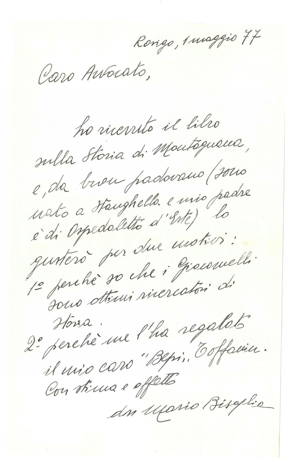 Autografo originale 1977 ROVIGO Don Mario BISAGLIA legge libro su Montagnana  Autografo 1