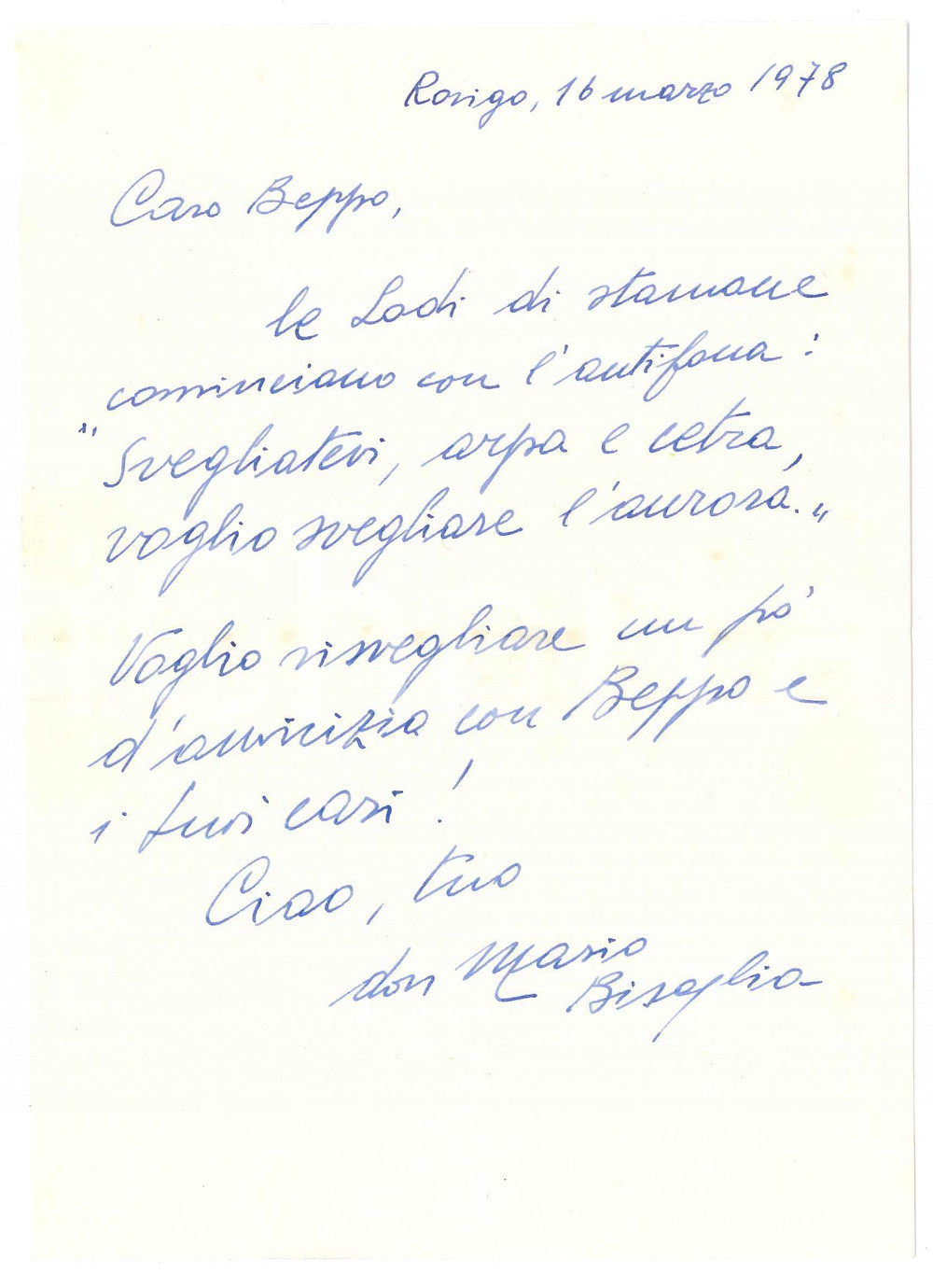 Autografo originale 1978 ROVIGO Don Mario BISAGLIA Voglio risvegliare amicizia  Autografo 1