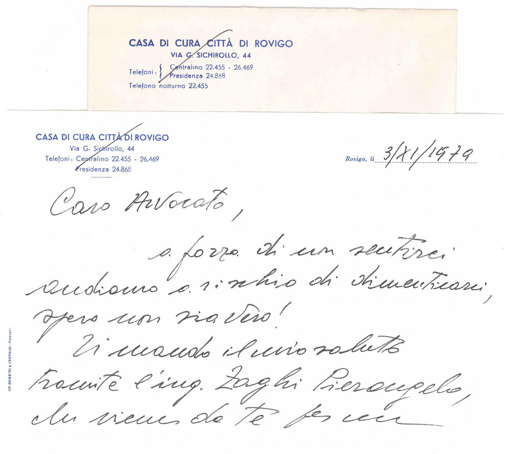 Autografo originale 1979 Casa di Cura CITTA  DI ROVIGO Lettera Don Mario BISAGLIA  Autografo 1