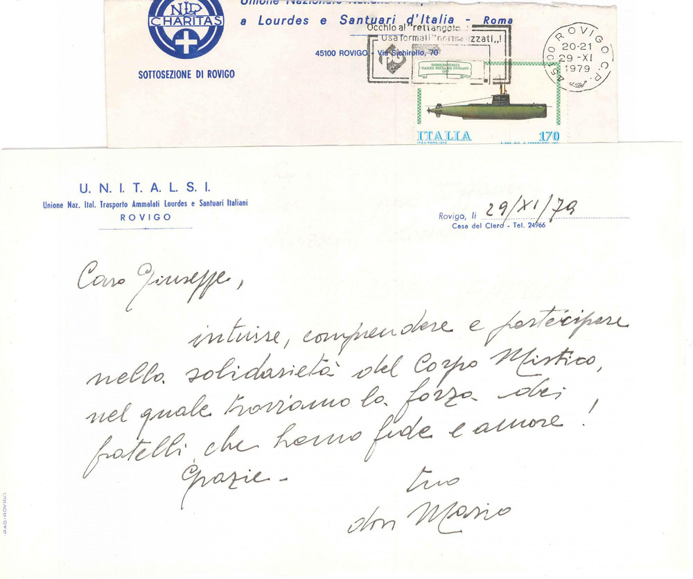 1979 UNITALSI ROVIGO Lettera Don Mario BISAGLIA a un amico *Autografo