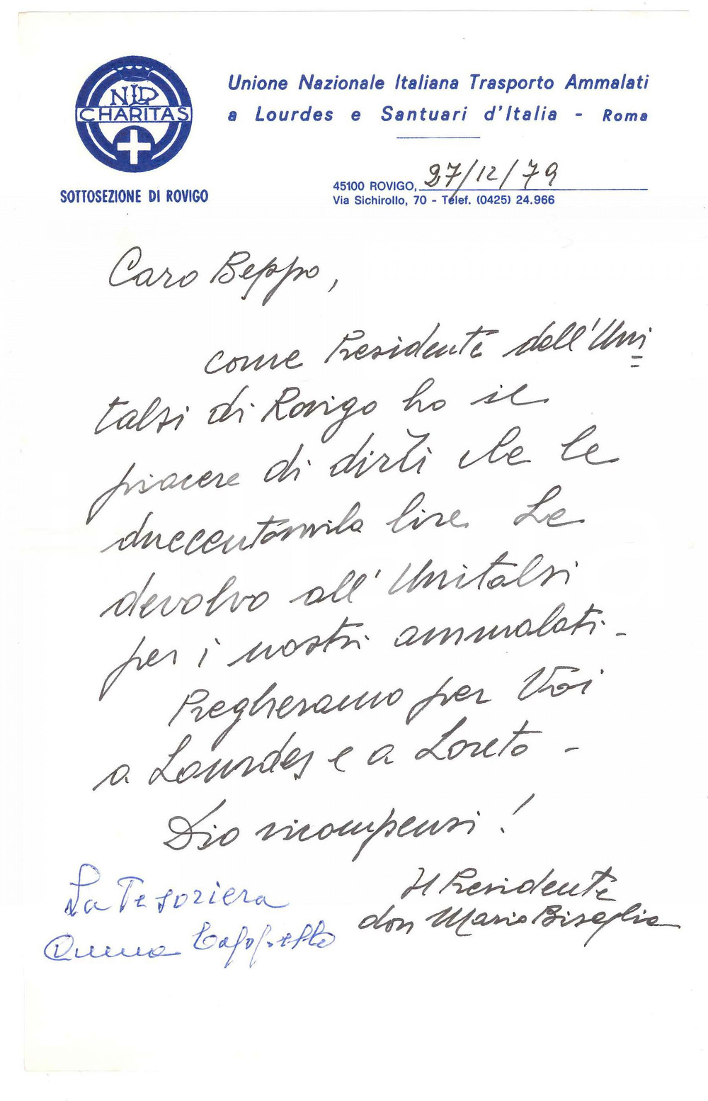Autografo originale 1979 ROVIGO Don Mario BISAGLIA  Lettera per offerta pro ammalati Autografo 1