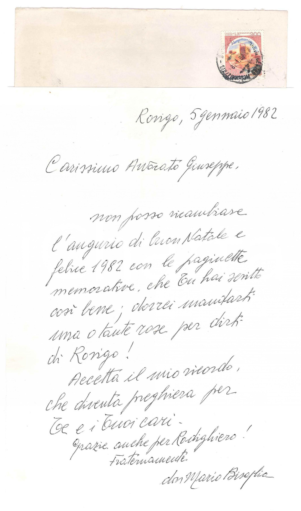 Autografo originale 1982 ROVIGO Lettera don Mario BISAGLIA  Ringraziamento per auguri  Autografo 1