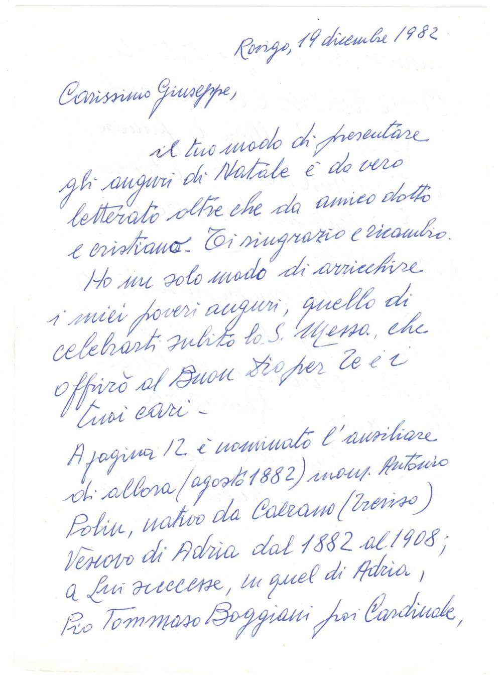 Autografo originale 1982 ROVIGO Lettera don Mario BISAGLIA  Messa di Natale  Autografo 1