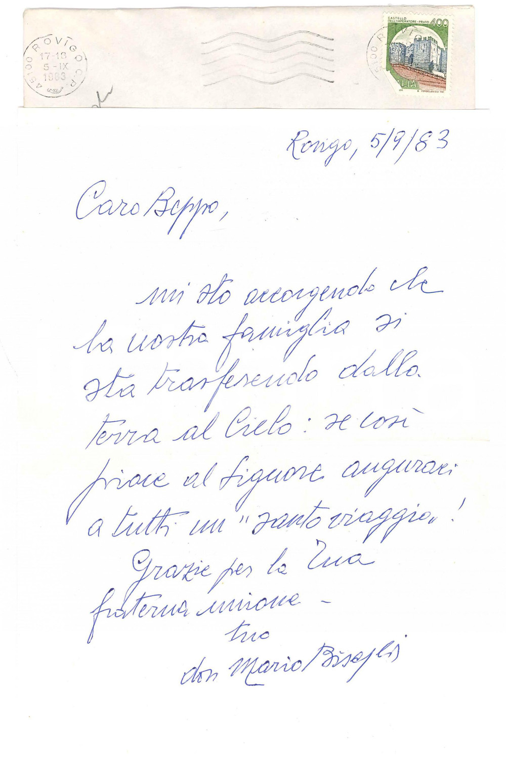 Autografo originale 1983 ROVIGO Don Mario BISAGLIA La nostra famiglia in cielo   Autografo 1