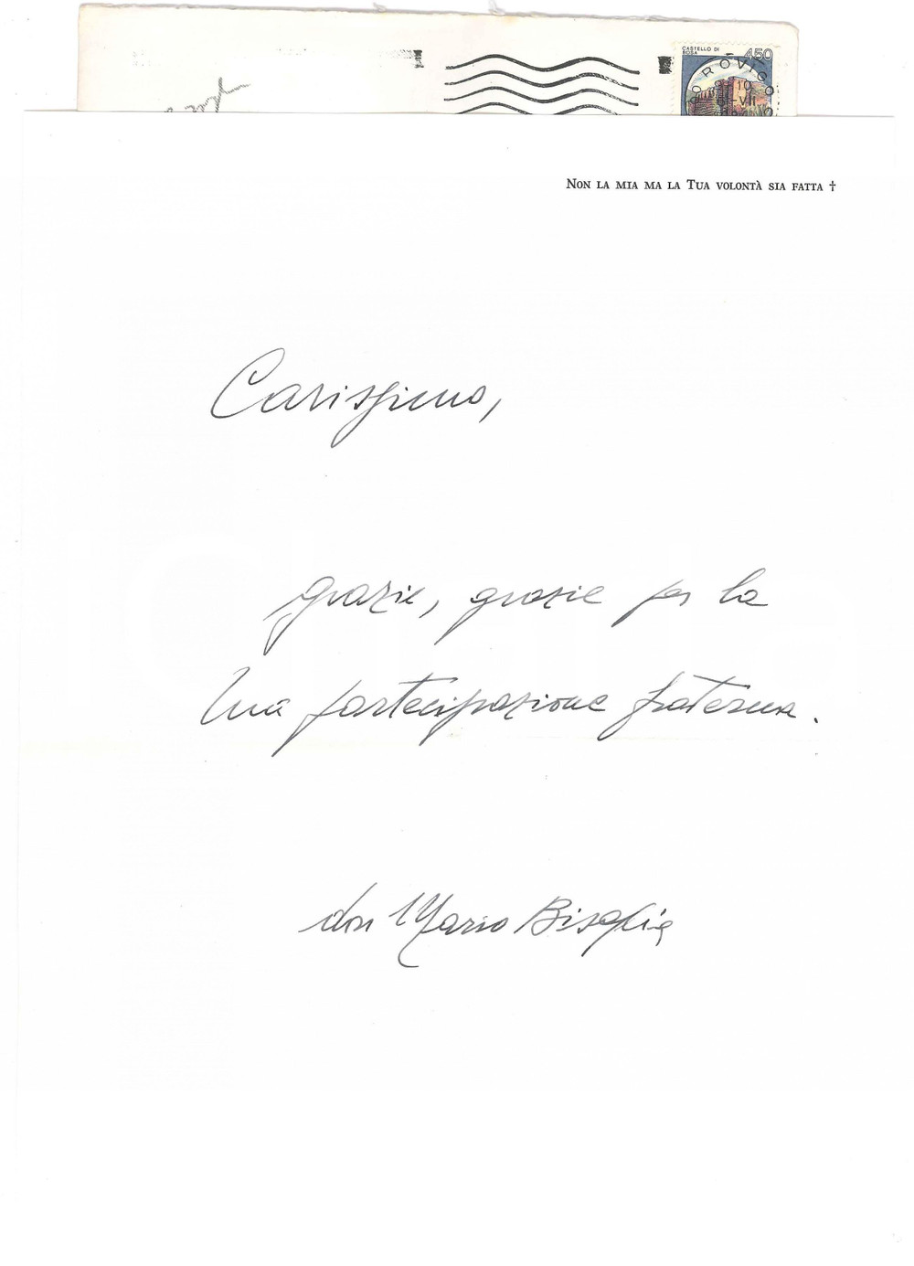 Autografo originale 1984 ROVIGO Don Mario BISAGLIA  Lettera di ringraziamento  Autografo 1