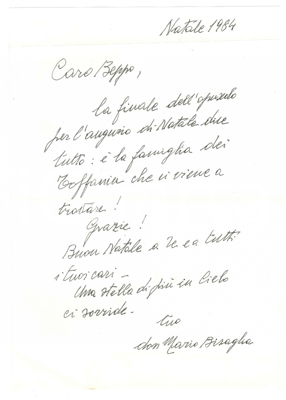 Autografo originale Natale 1984 ROVIGO Don Mario BISAGLIA  Lettera di auguri  Autografo 1