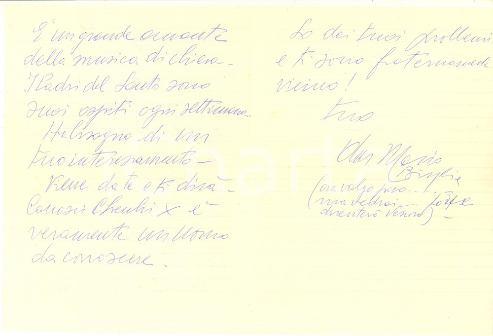 Autografo originale 1985 ca ROVIGO Don Mario BISAGLIA  Lettera pro ristoratore di Padova Autografo 1