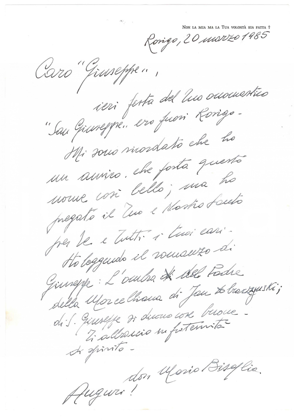 Autografo originale 1985 ROVIGO Don Mario BISAGLIA  Lettera per onomastico  Autografo 1
