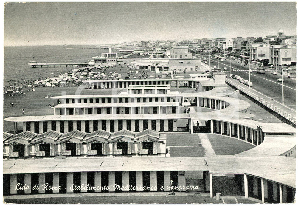 Cartolina originale da collezione 1950 ca LIDO DI ROMA  Stabilimento Mediterraneo e panorama  Cartolina FG VG 1