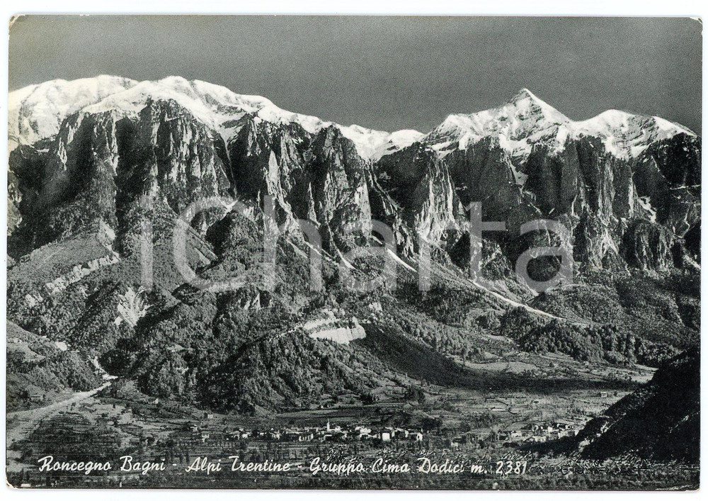 1957 RONCEGNO BAGNI (TN) Alpi Trentine - Gruppo Cima Dodici - Cartolina FG VG Cartolina d'epoca viaggiata FAIR/discreto Lievi smussature agli angoli, ingialliture al verso, piegatura all'angolo inferiore destro Formato: 15x10 cm originale e autentica 1