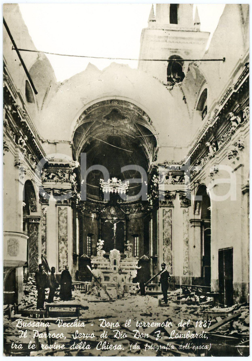 Cartolina originale da collezione 1950 ca BUSSANA VECCHIA Terremoto 1887  Don LOMBARDI tra le rovine  Cartolina 1