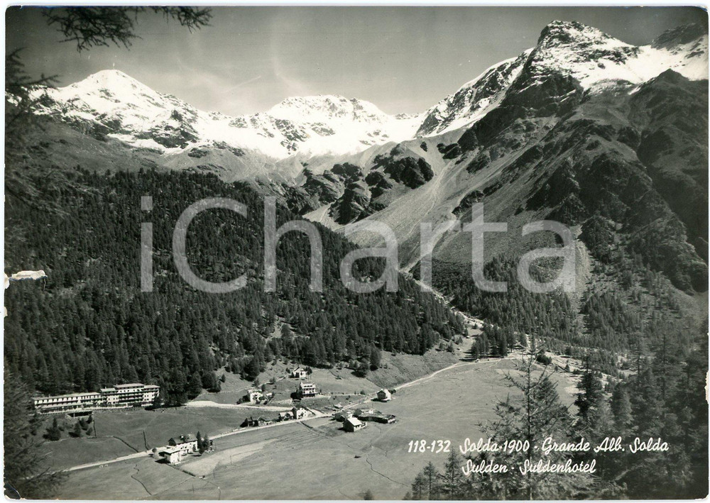 1957 SOLDA (TN) Suldenhotel e Gruppo Ortles Cevedale - Cartolina FG VG Cartolina d'epoca viaggiata POOR/danneggiato Lievi smussature agli angoli, strappo al margine sinistro Formato: 15x10 cm originale e autentica 1